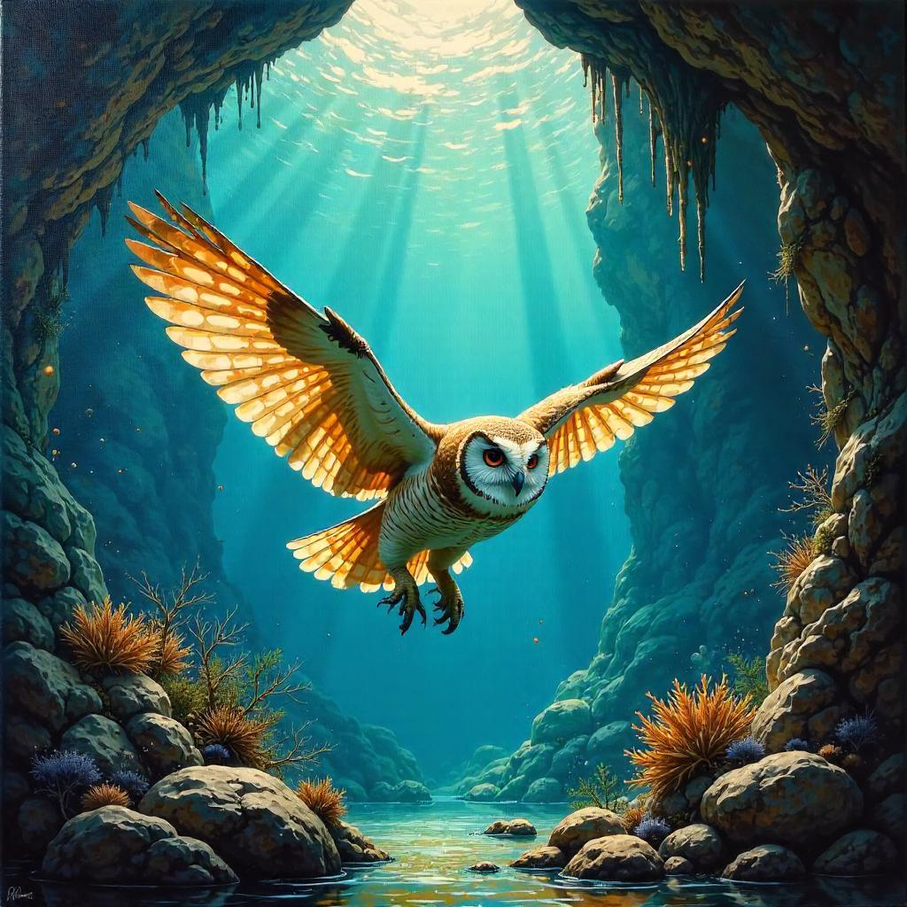 Owl in an Underwater Cave: Oil Painting
