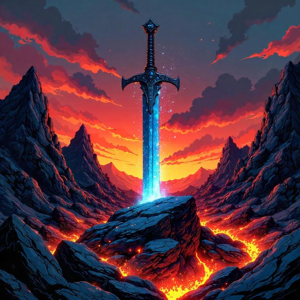 Enchanted Sword on Volcanic Rocks (Comic Style)