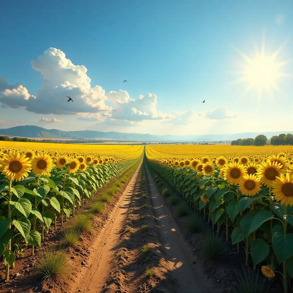 Sunflower Field to the Horizon Under Clear Blue Sky