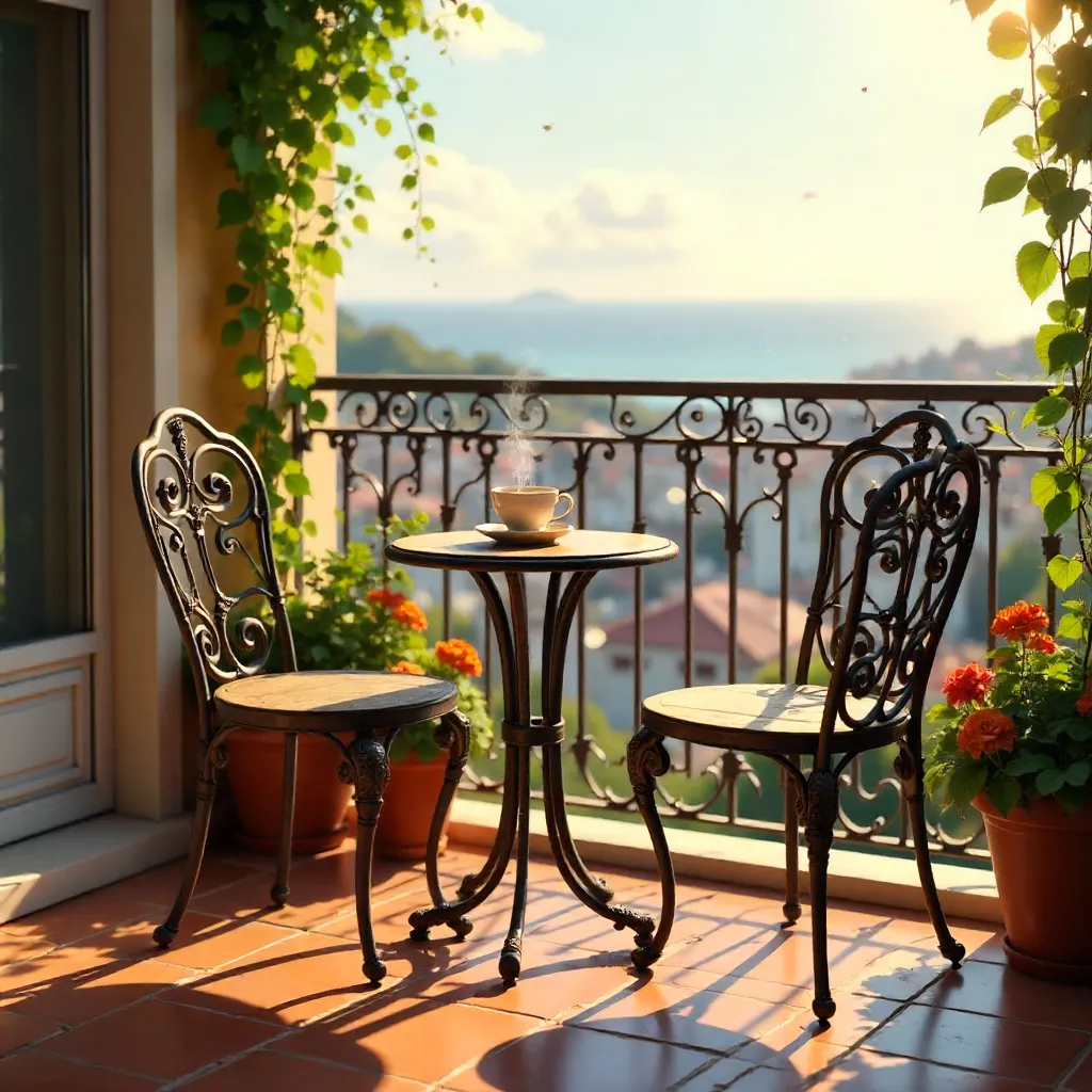 Golden Sunlit Balcony with Coffee and Wrought Iron Chairs
