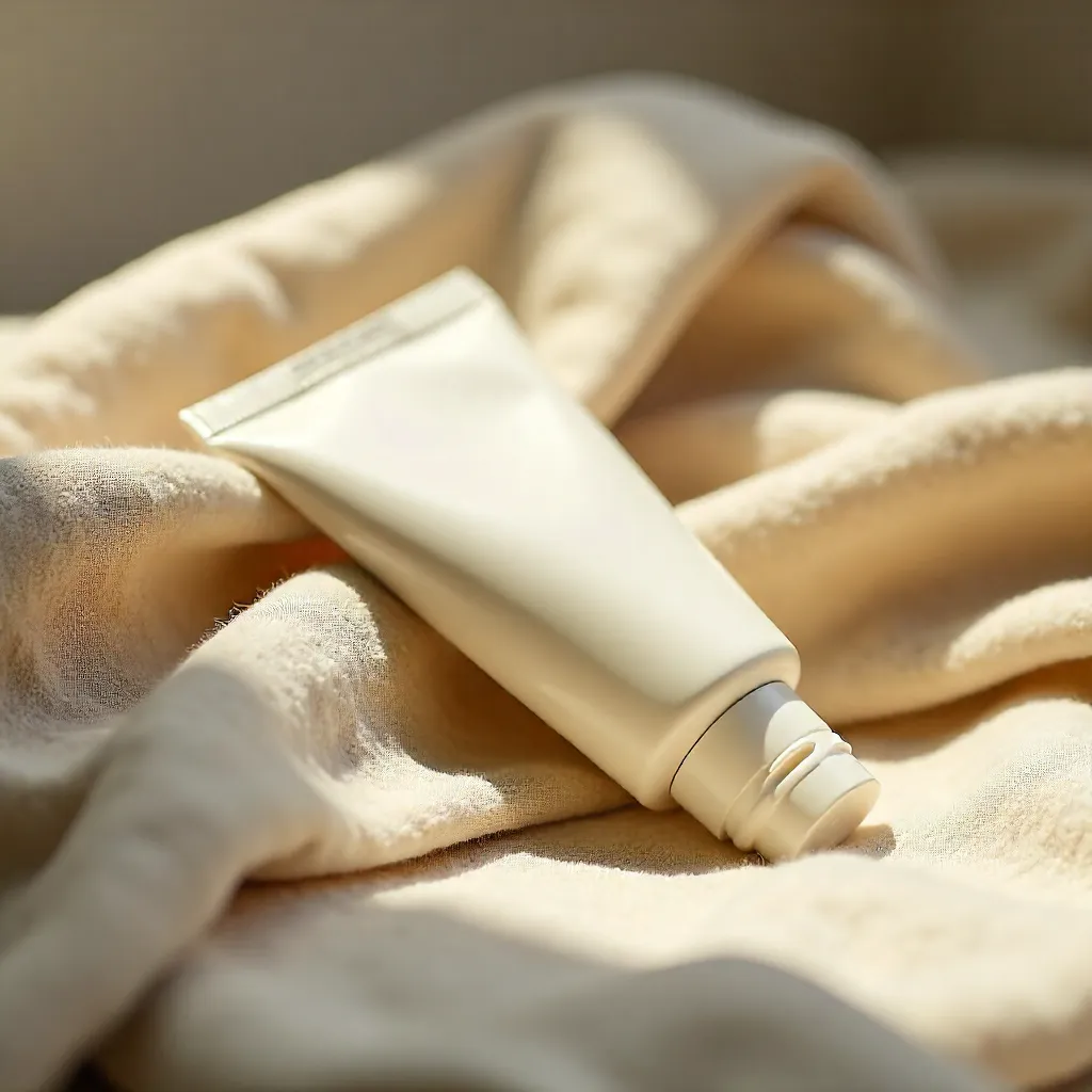 Minimalist Cream Tube on Beige Blanket