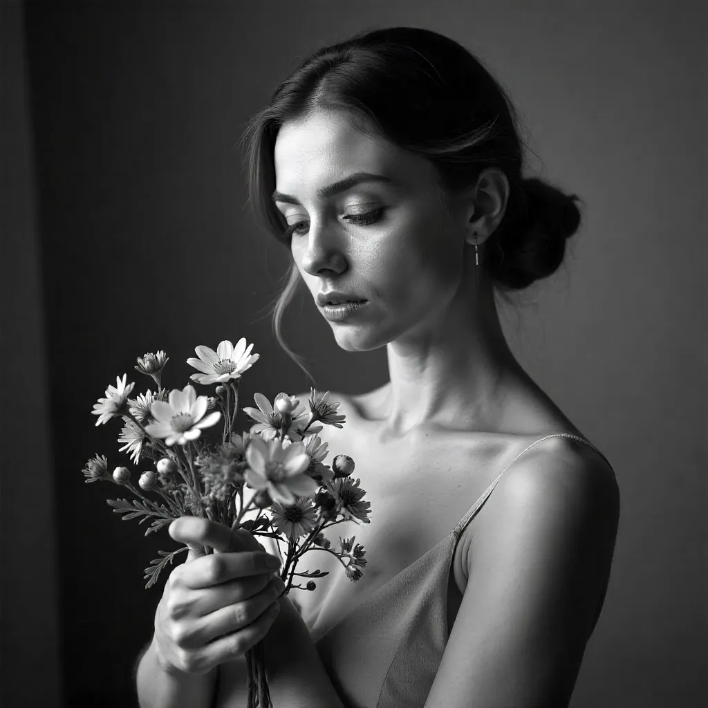 Serene Monochrome Portrait of a Woman with Flowers