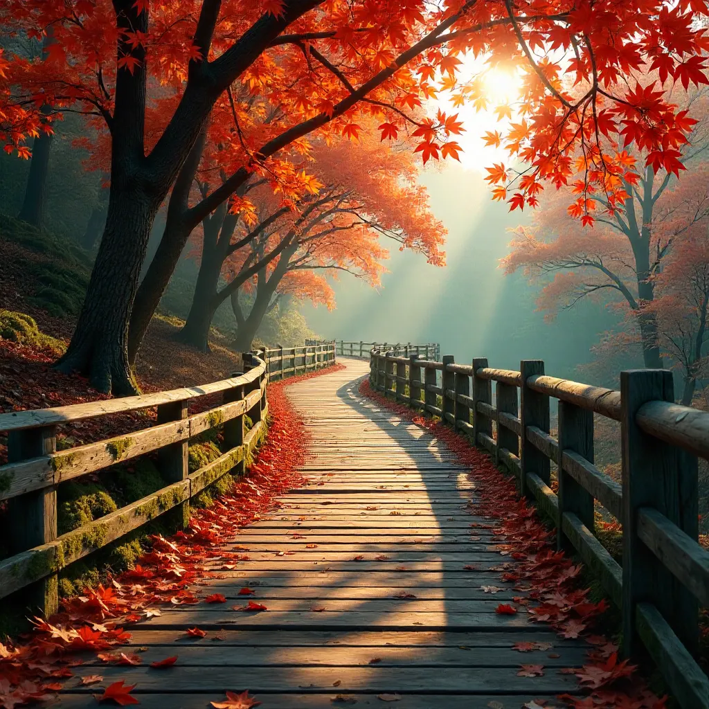 Autumn Maple Pathway Through Sunset-Filled Foliage