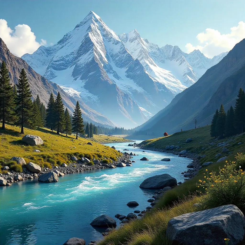 Snow-Capped Himalayan Peaks Over a Flowing River