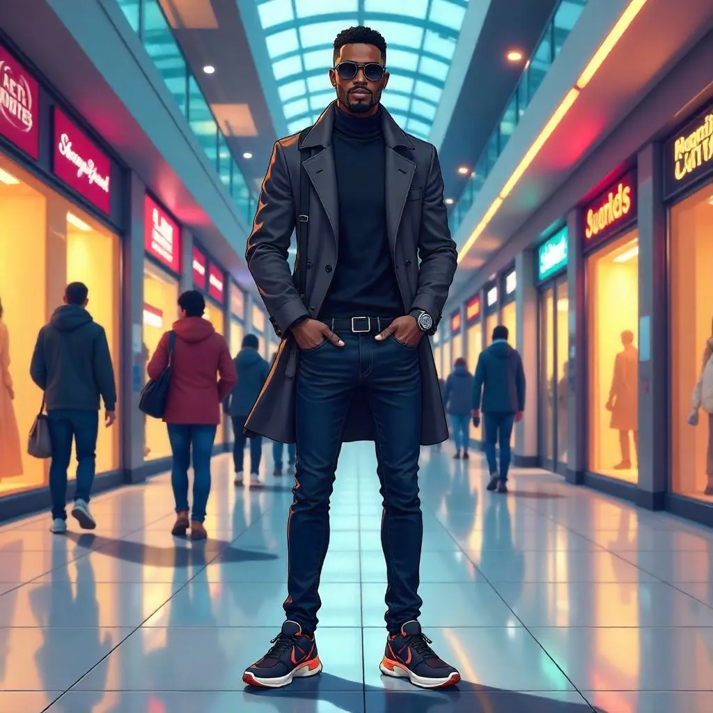 Stylish Black Man in Anime Mall