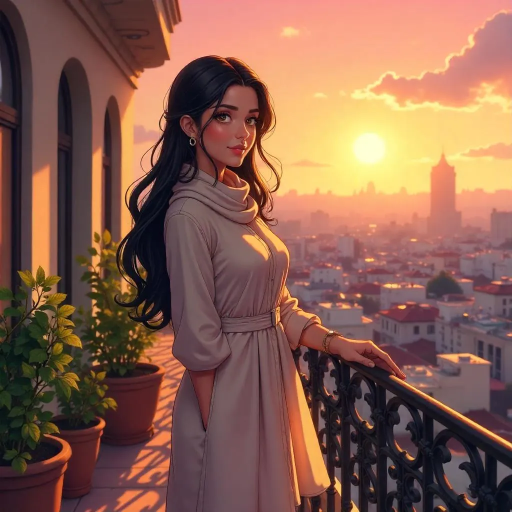 Beautiful Middle Eastern Woman on a Balcony – Anime Style