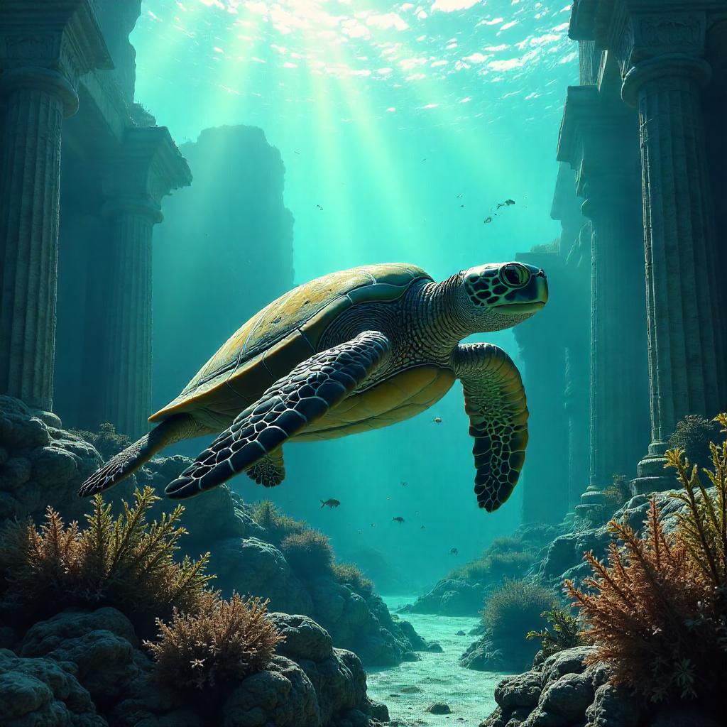 Photoreal Turtle Amid Atlantis Ruins
