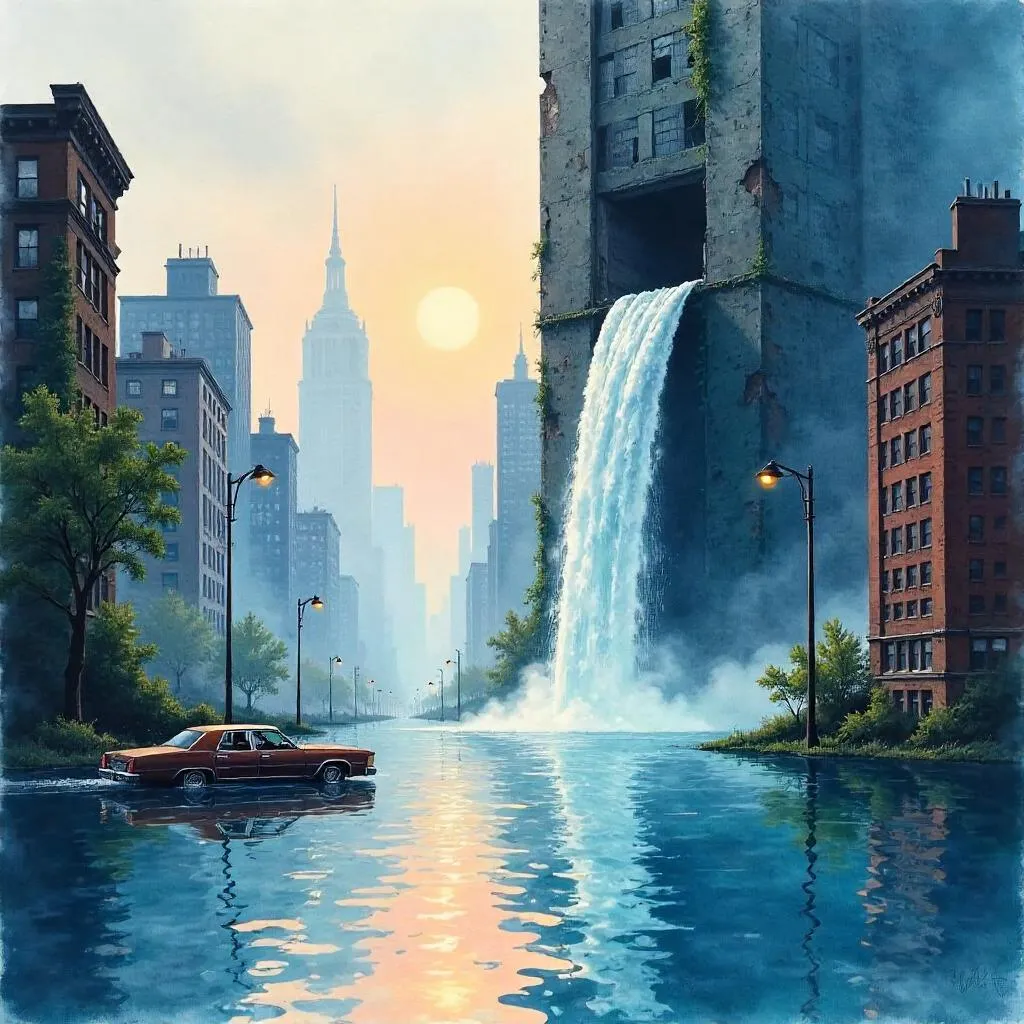 Watercolor City Falls: A Flooded Metropolis
