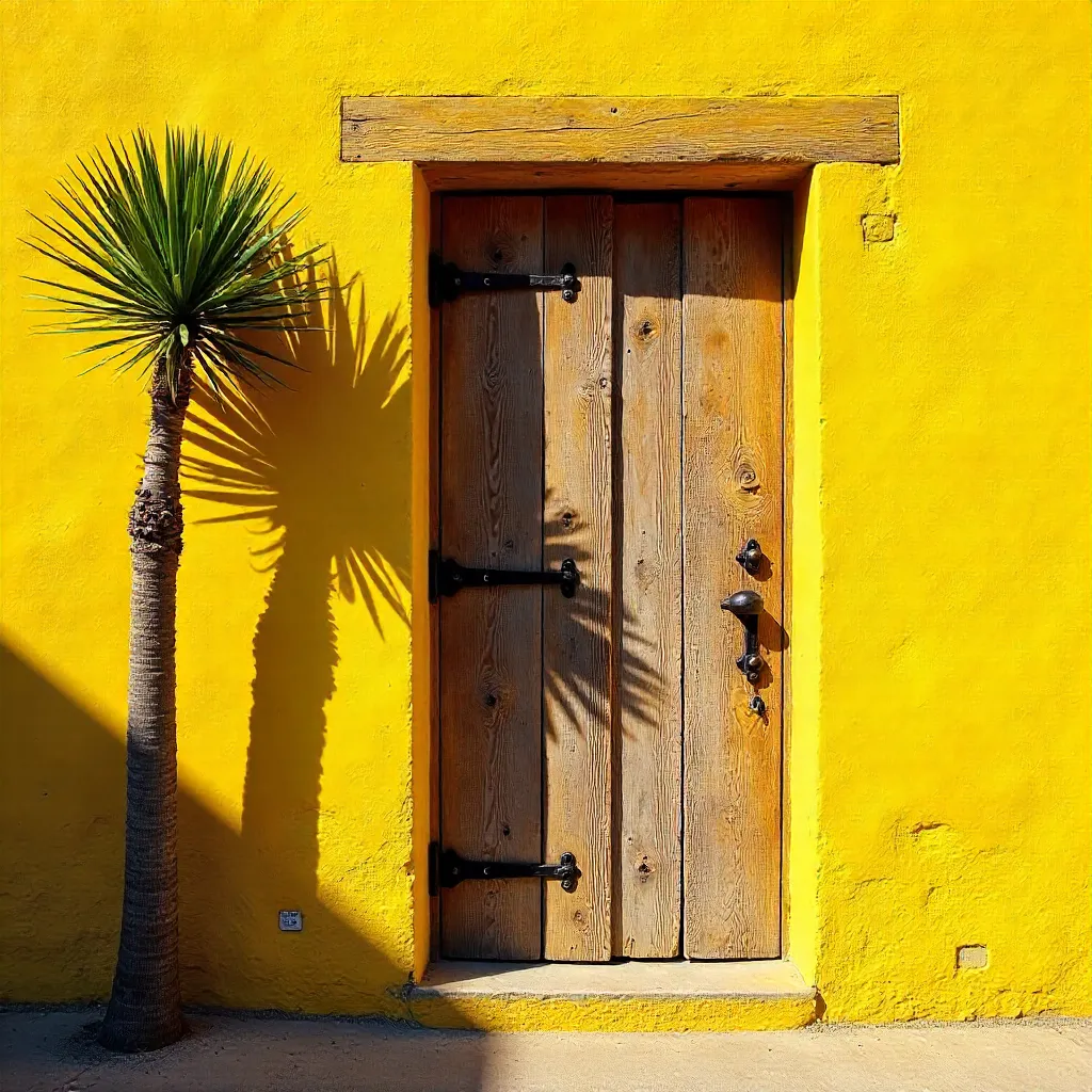 Rustic Door in Yellow Wall with Palm Tree