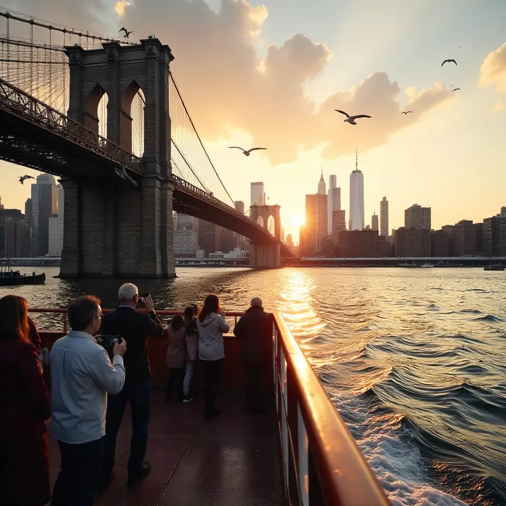 Golden Hour NYC Ferry Near Iconic Manhattan Skyline