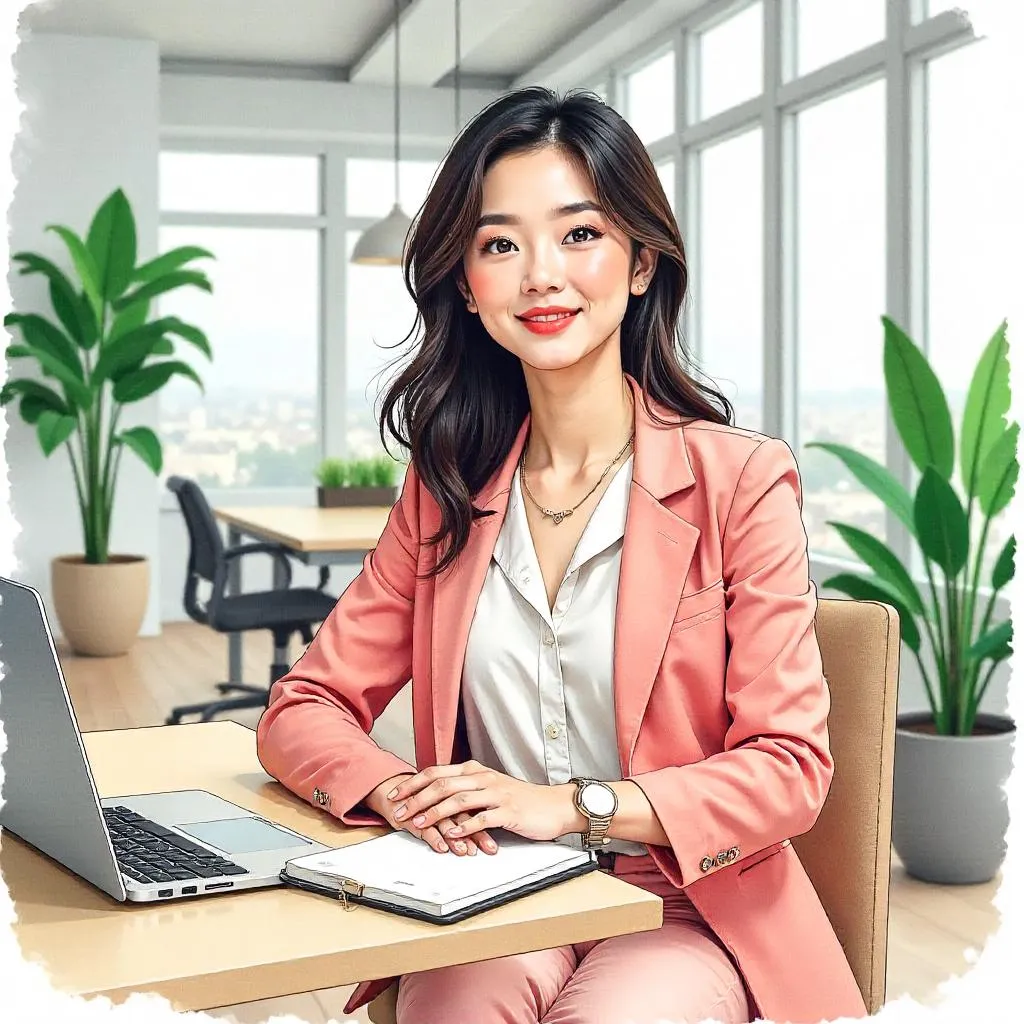Watercolor Chic: Asian Woman in a Coworking Space