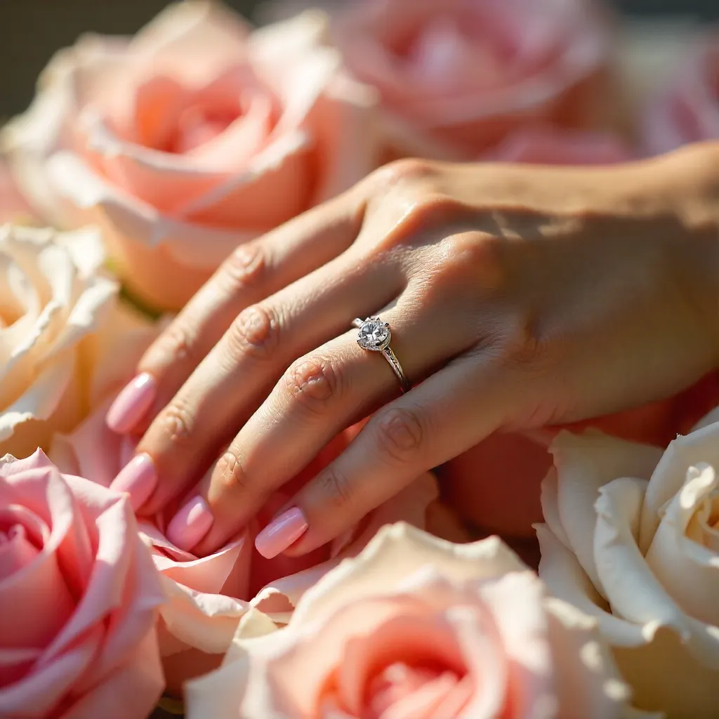 Engagement Ring Resting on Pink and White Roses