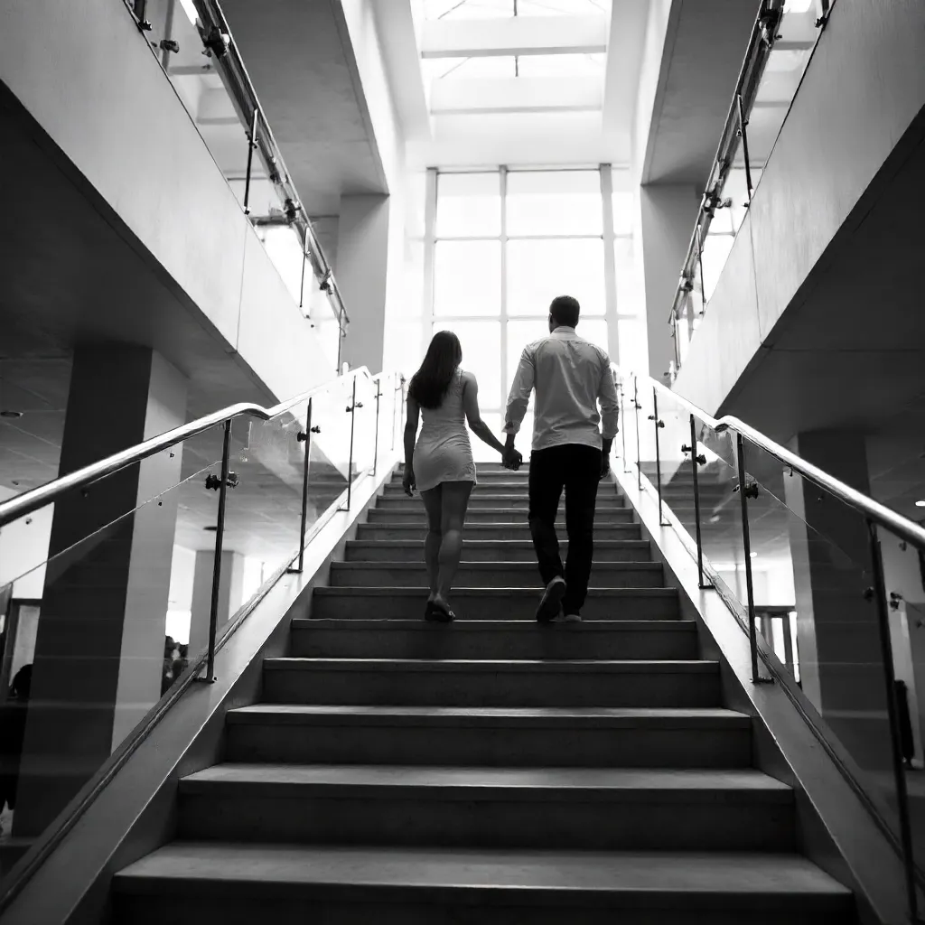 Monochrome Moment: Couple Ascending Modern Staircase
