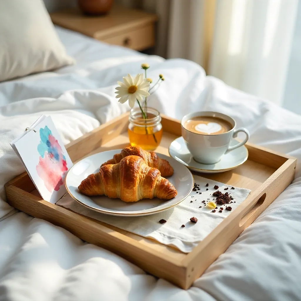Elegant Bed Tray Breakfast with Croissants and Artful Decor
