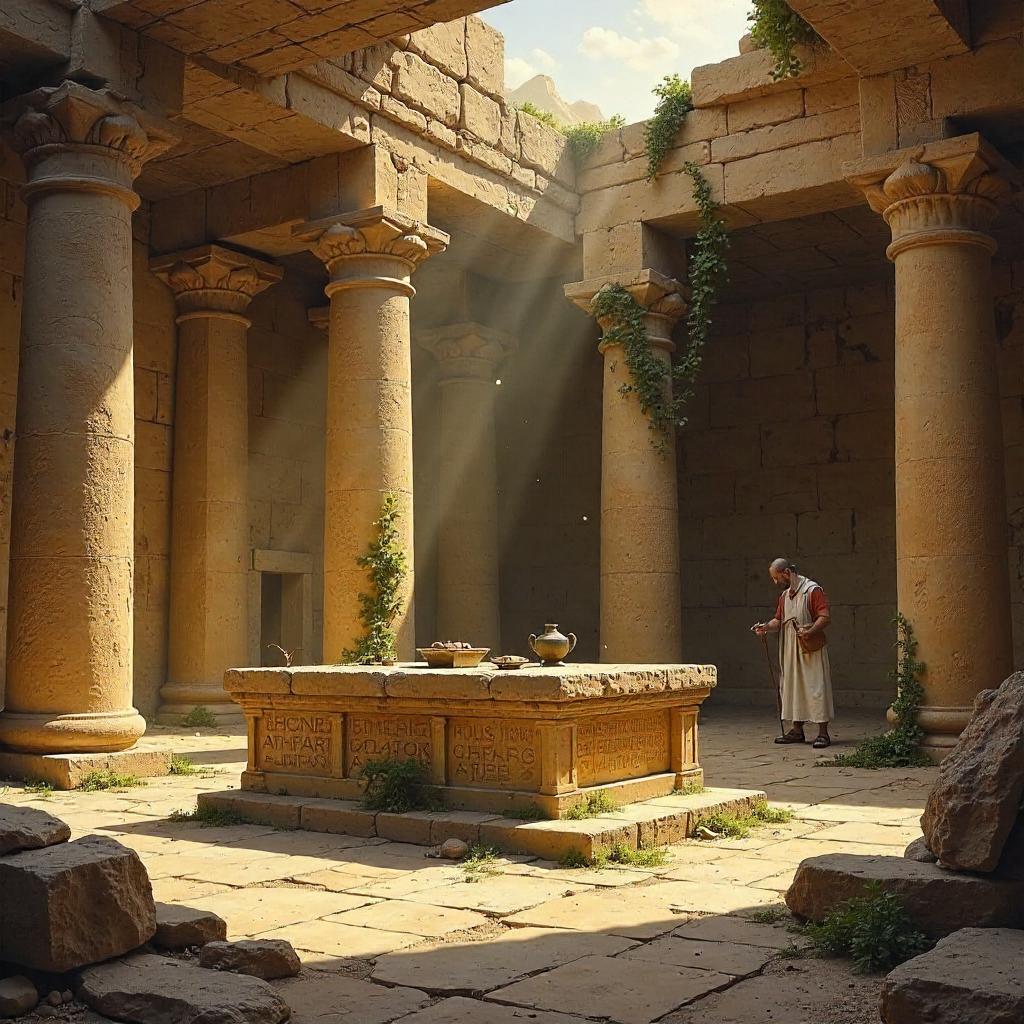 An Oil Painting of an Altar in Ancient Archaeological Ruins
