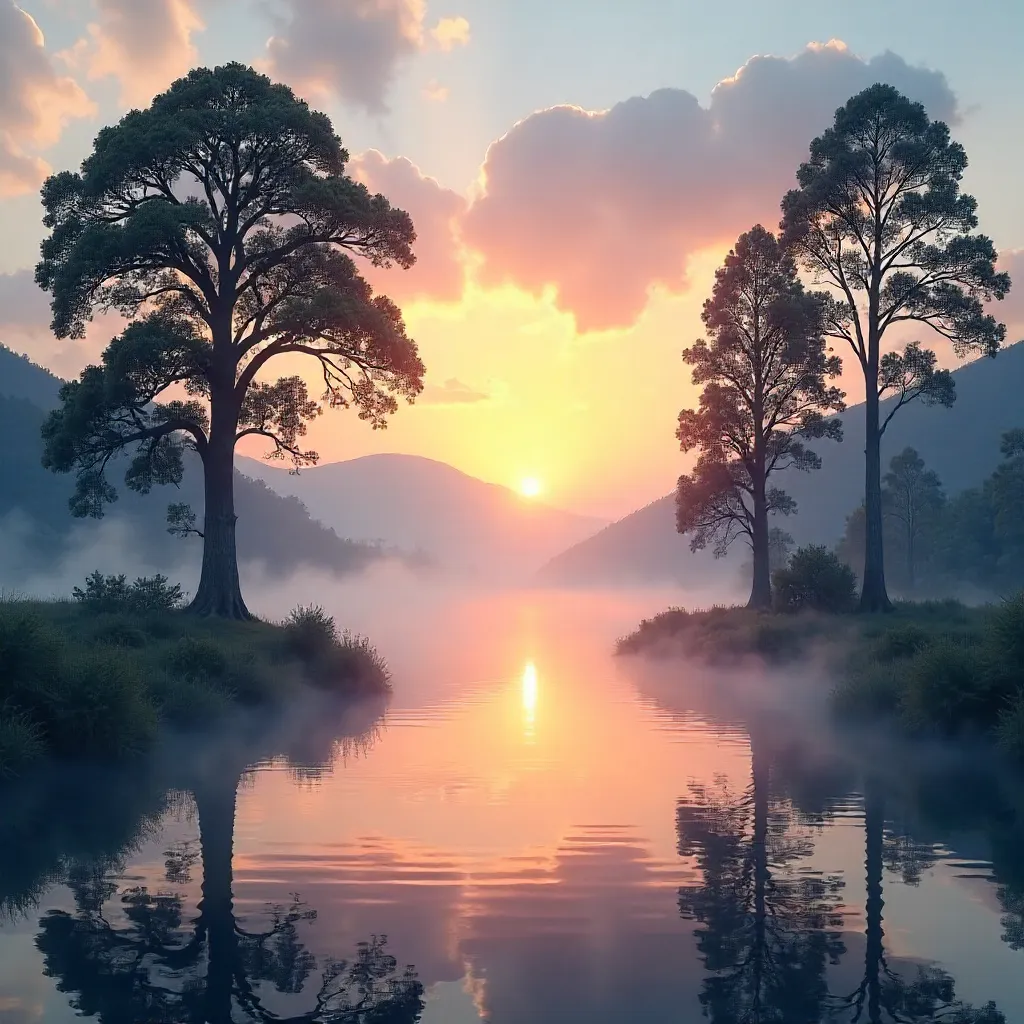 Silhouetted Dawn over Misty River