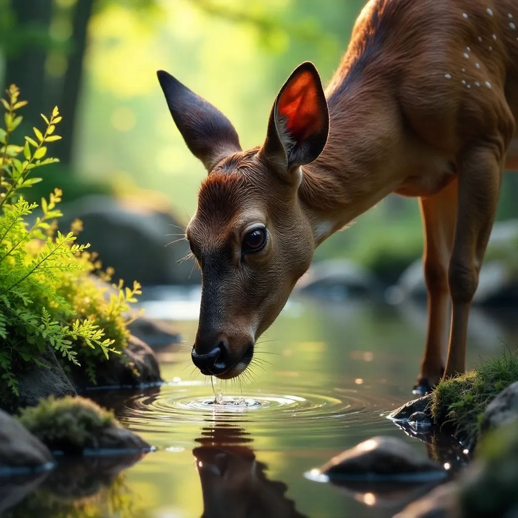 Close-Up Deer Drinking at Mossy Stream