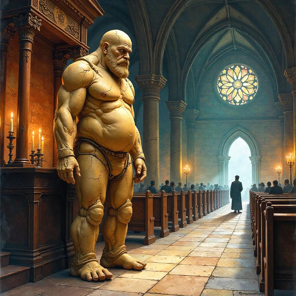 Golem in a Sacred Synagogue - Watercolor Reverie