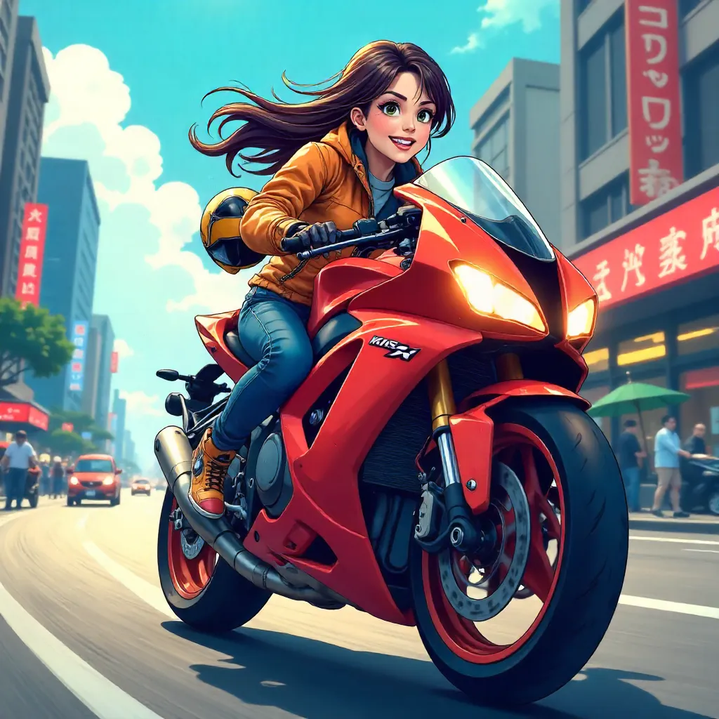 Cheerful anime-style woman on a motorcycle