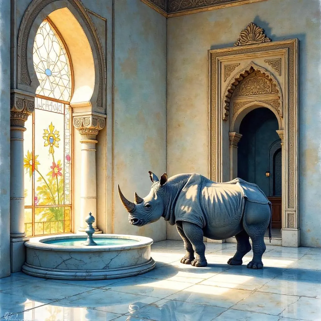 Rhino in a Watercolor Mosque: Quiet Contemplation