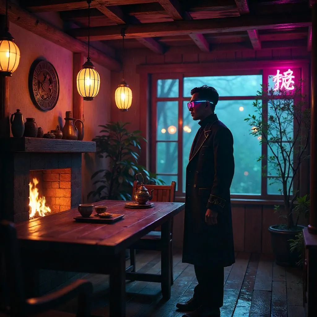 Elegant Asian in a Cyberpunk Cottage