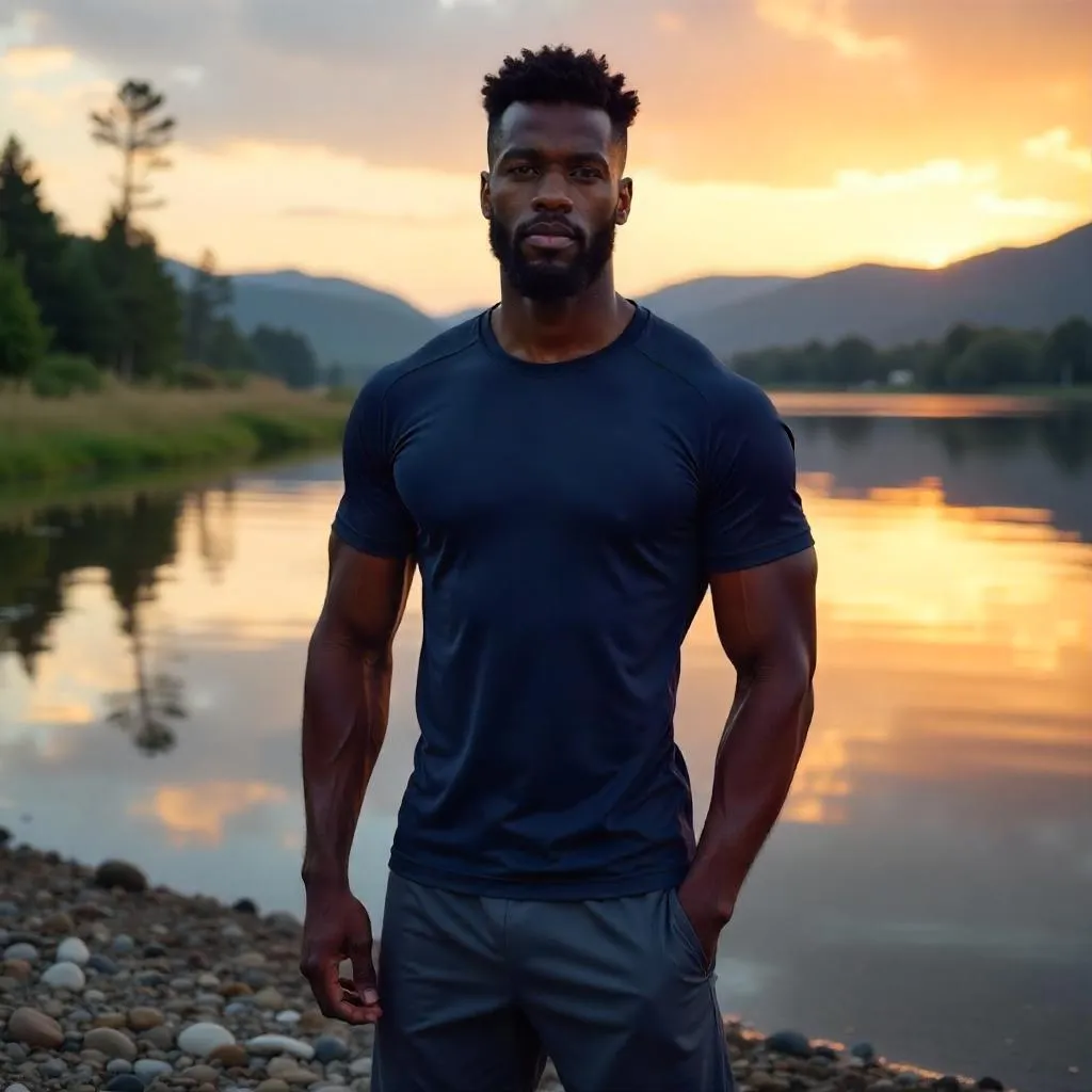 Photorealistic Athletic Black Man by a Lake at Golden Hour