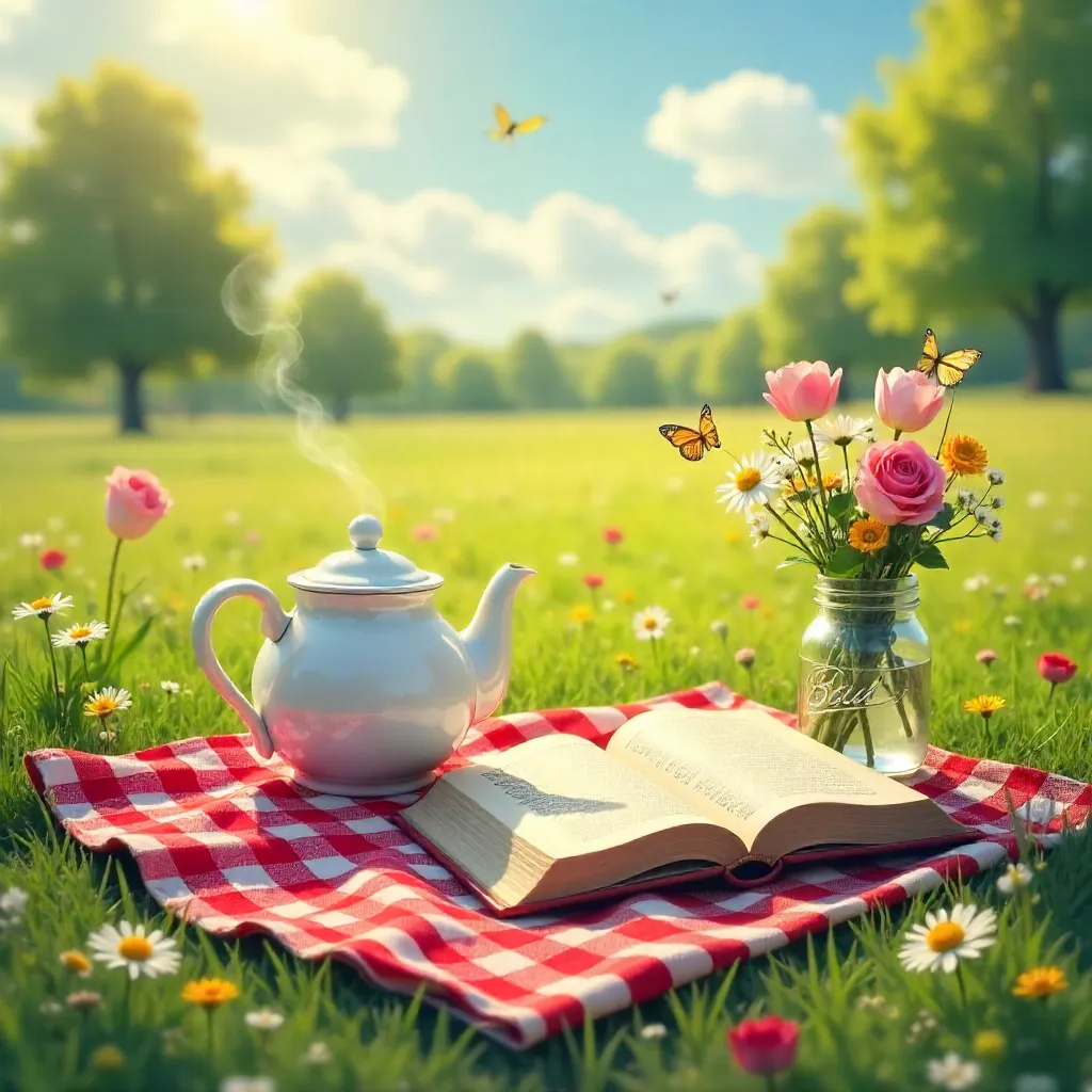 Charming Spring Picnic: Teapot, Book & Flowers