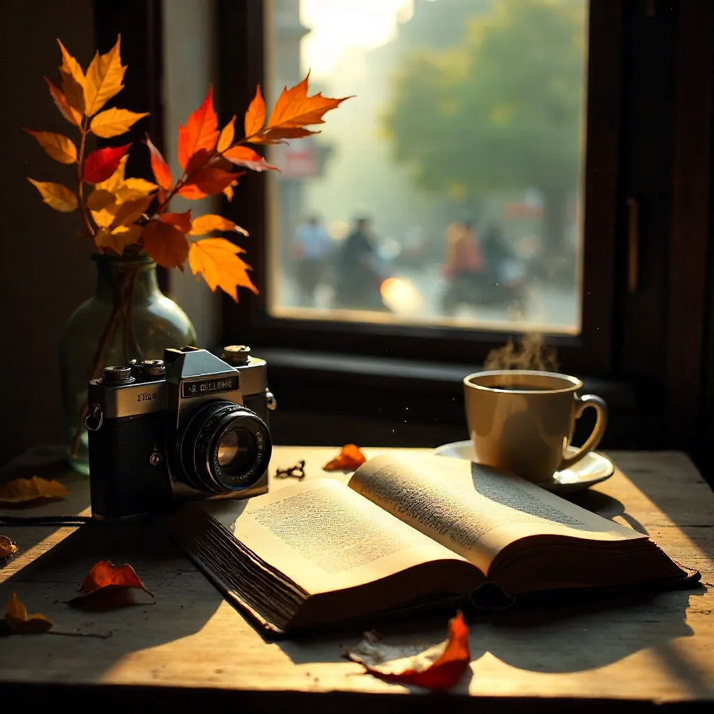 Vintage Camera and Book Among Autumn Leaves in Hanoi