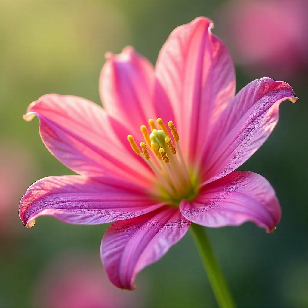 Macro Pink Zephyranthes Bloom with Soft Bokeh
