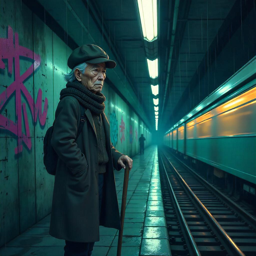 Elderly Anime Traveler in a Neon Subway Tunnel