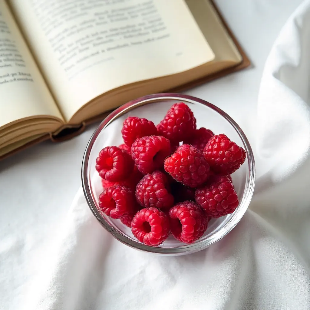 Flat Lay: Raspberry Bowl and Open Book on White Fabric