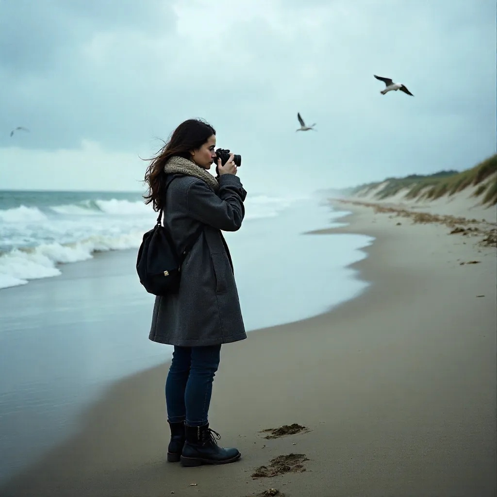 Cloudy Beach Portrait: Woman with Camera on a Windy Day