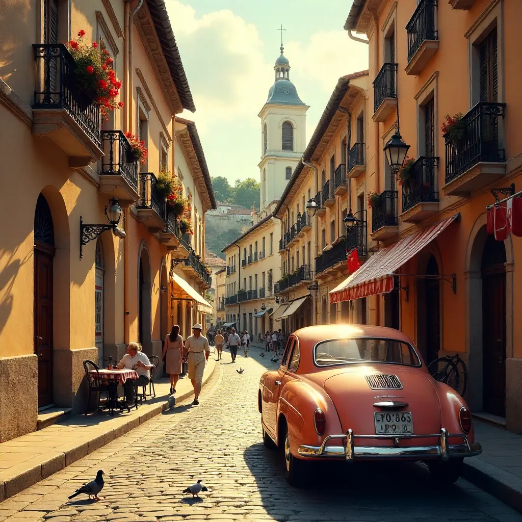 Golden Hour European Street with Vintage Car