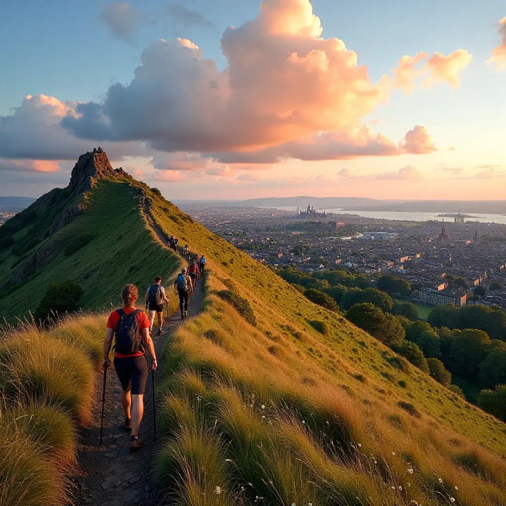 Hikers on Arthur's Seat: Edinburgh Panorama