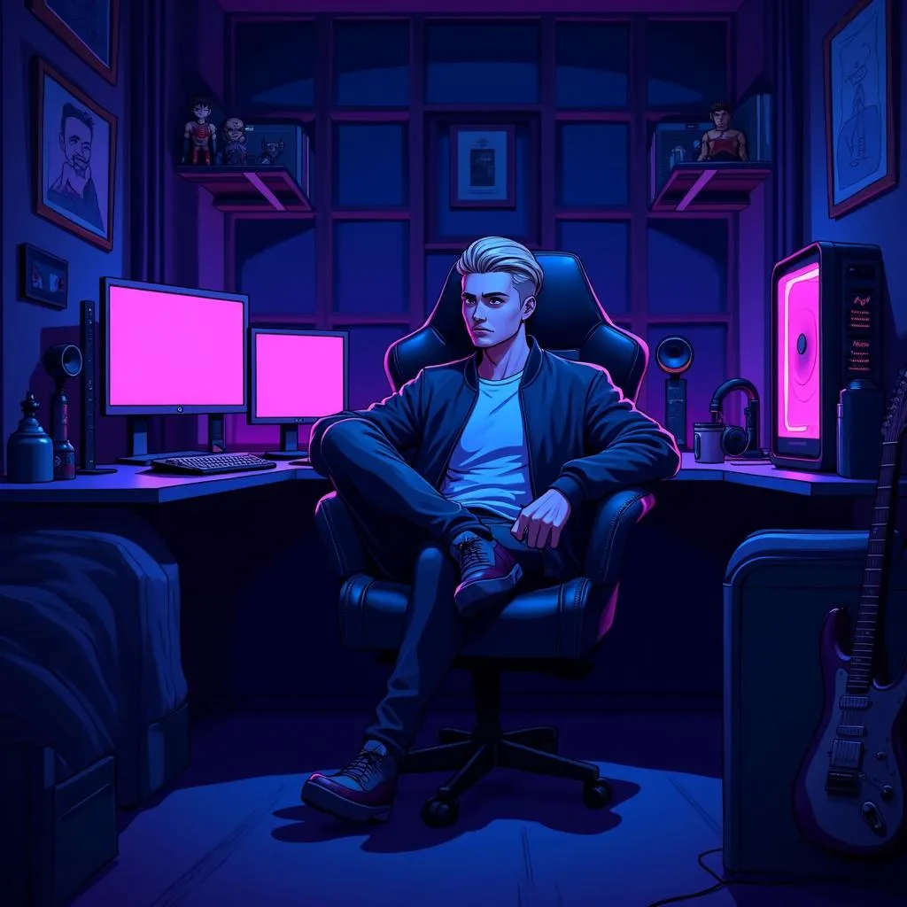 Stylish White Man in a Neon Anime Man Cave