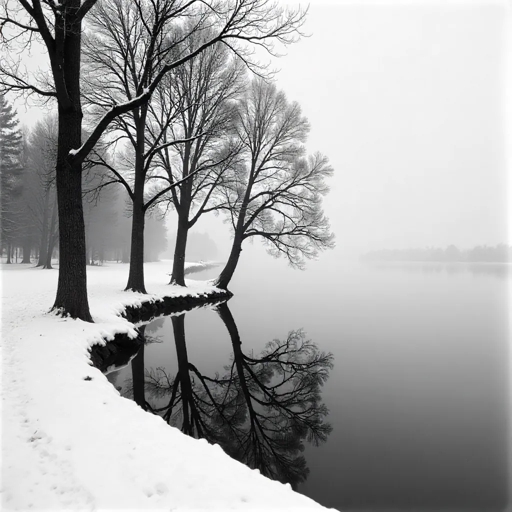 Monochrome Winter Lake with Bare Tree Reflections