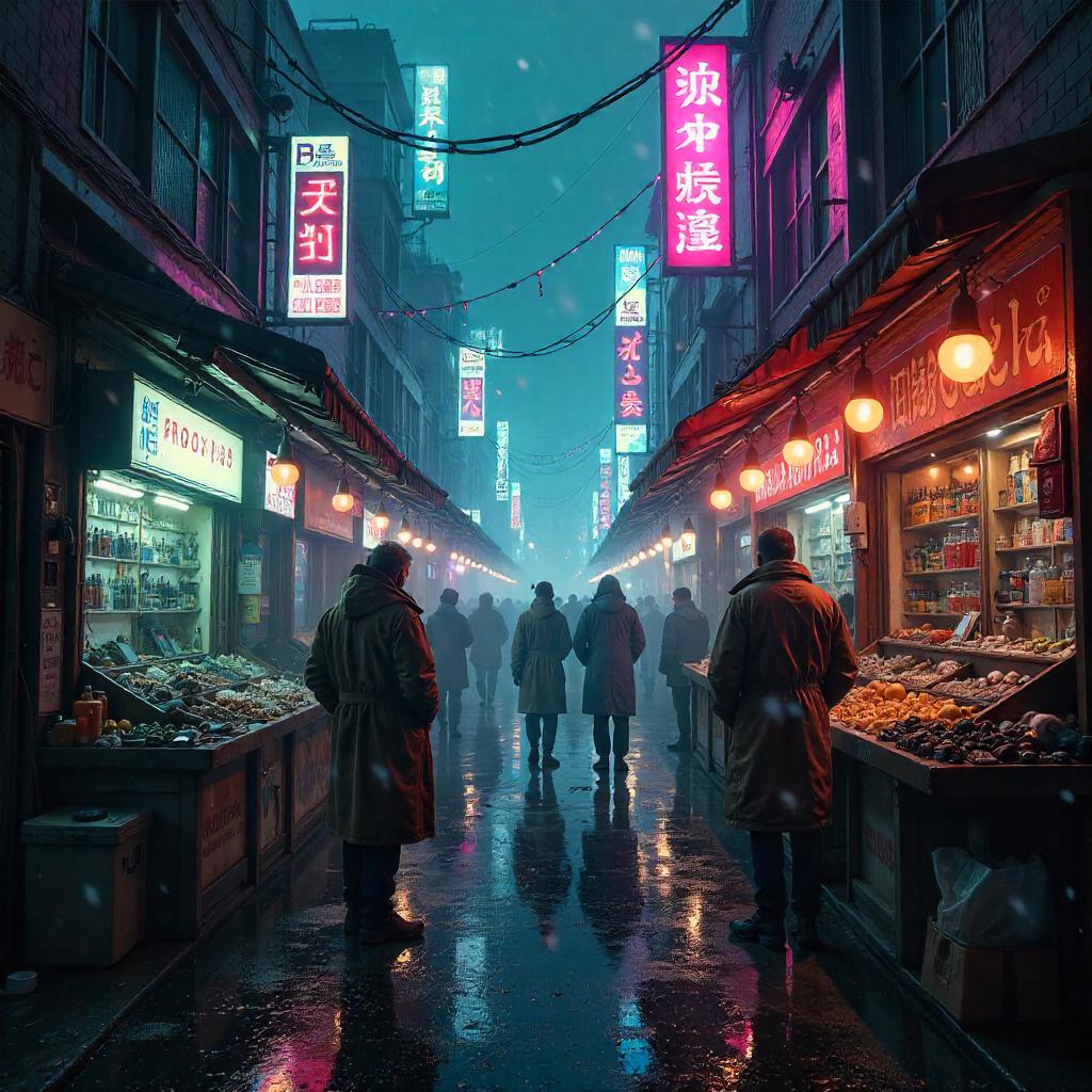 Rocket in a Neon Cyberpunk Marketplace