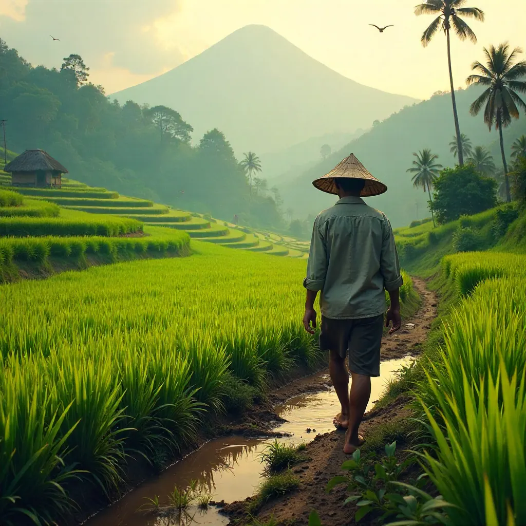 Lone Farmer Among Bali's Lush Rice Terraces