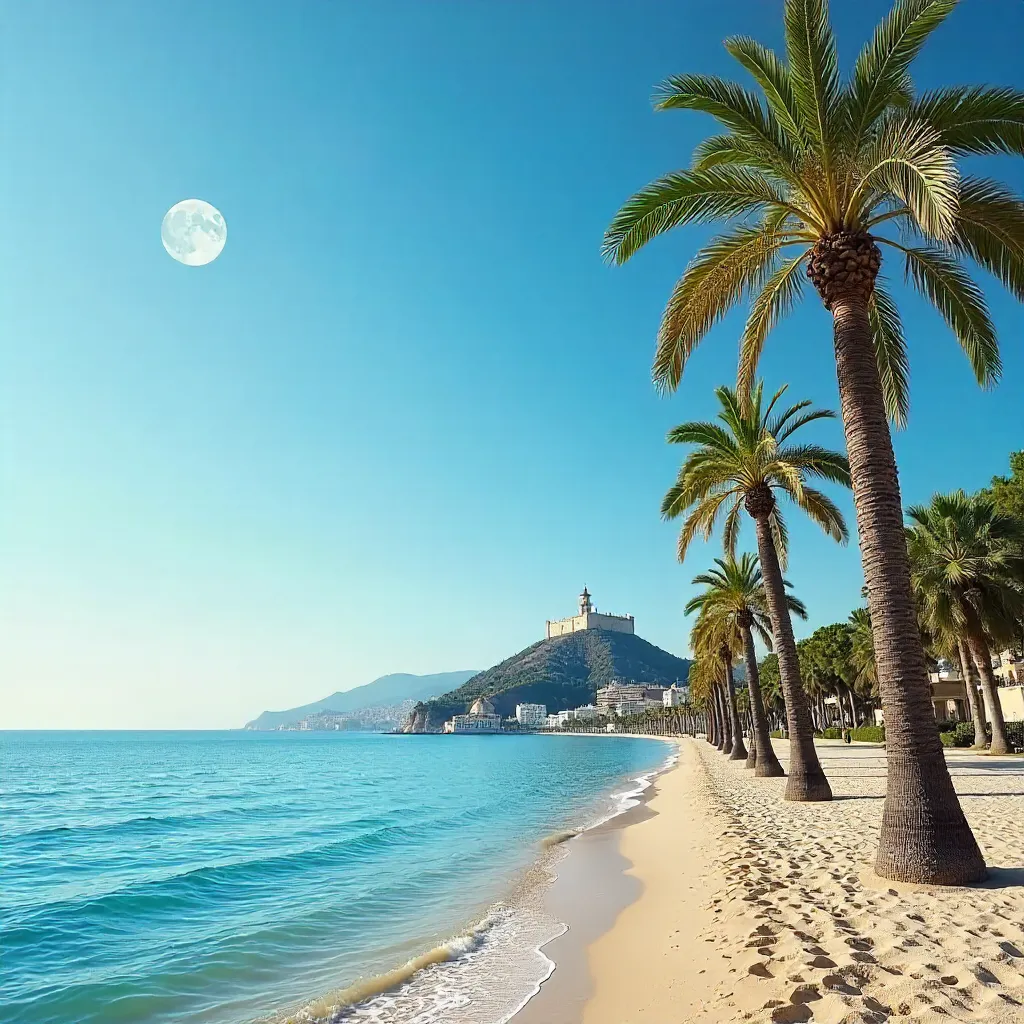Palm Trees Over Alicante: Moon in a Clear Blue Sky