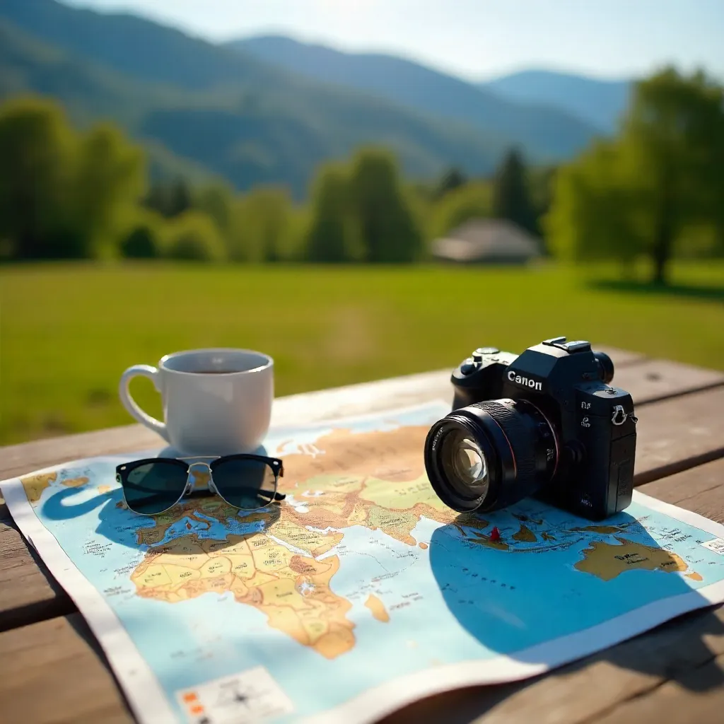 Sunlit Travel Map Flat Lay: Camera, Mug, Sunglasses