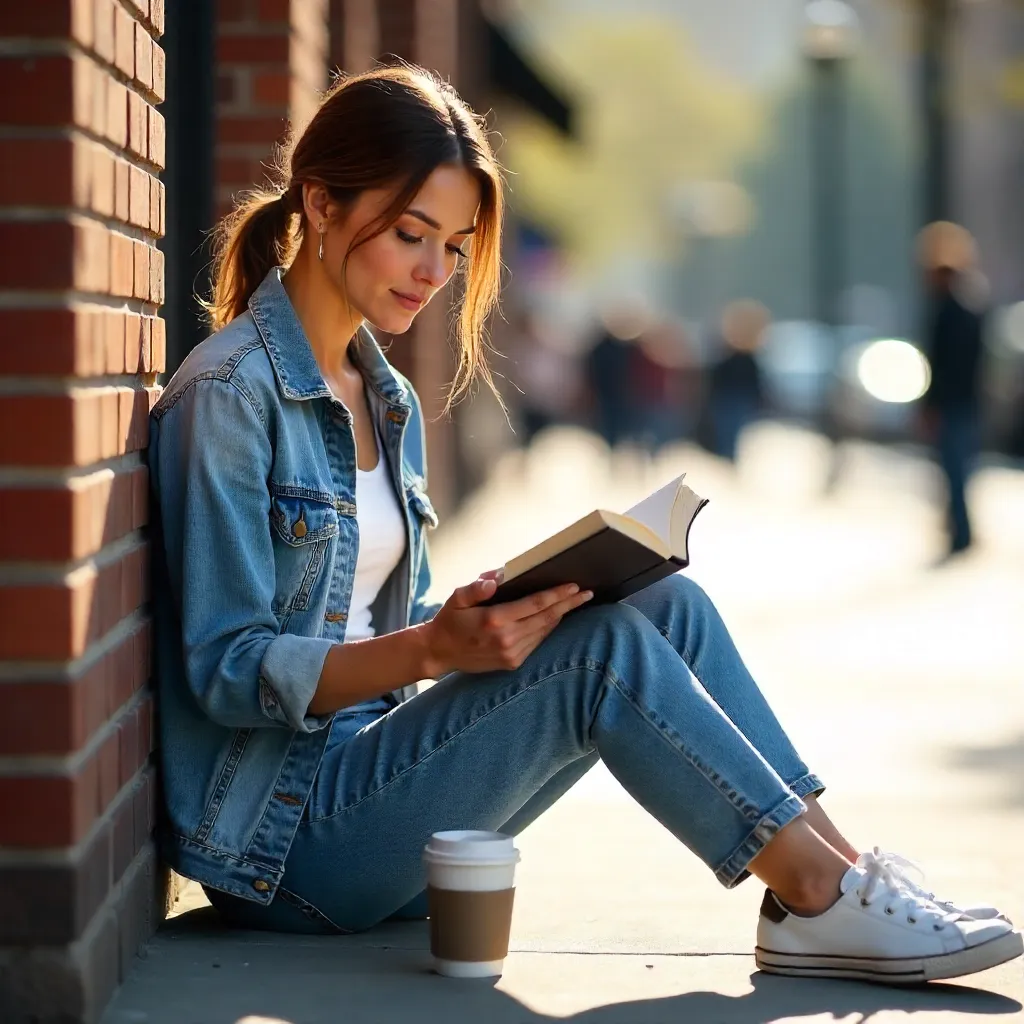 Urban Calm: Caucasian Woman Reading Outdoors