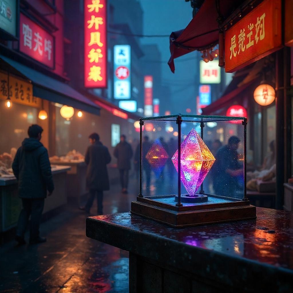 Infinity Stone in a Neon Cyberpunk Marketplace