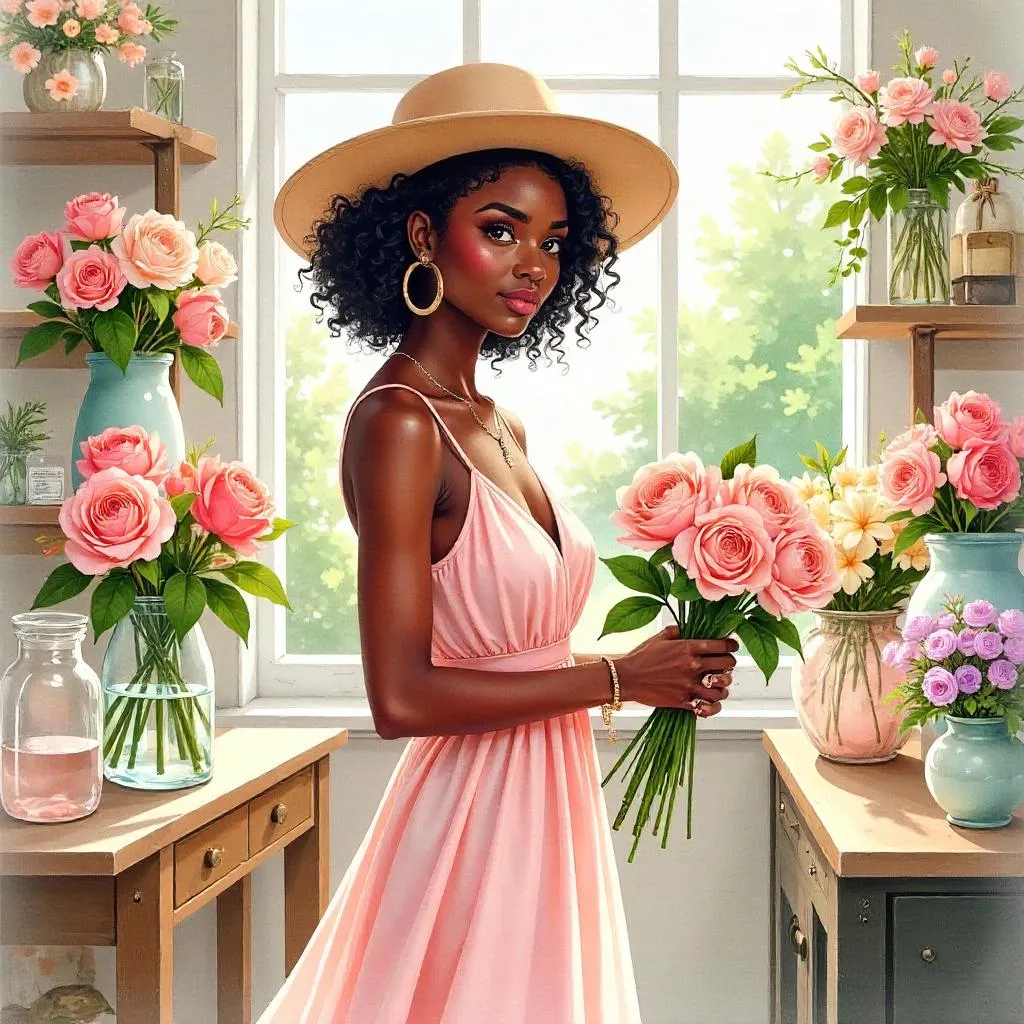 Watercolor Muse: Stylish Black Girl in a Flower Shop