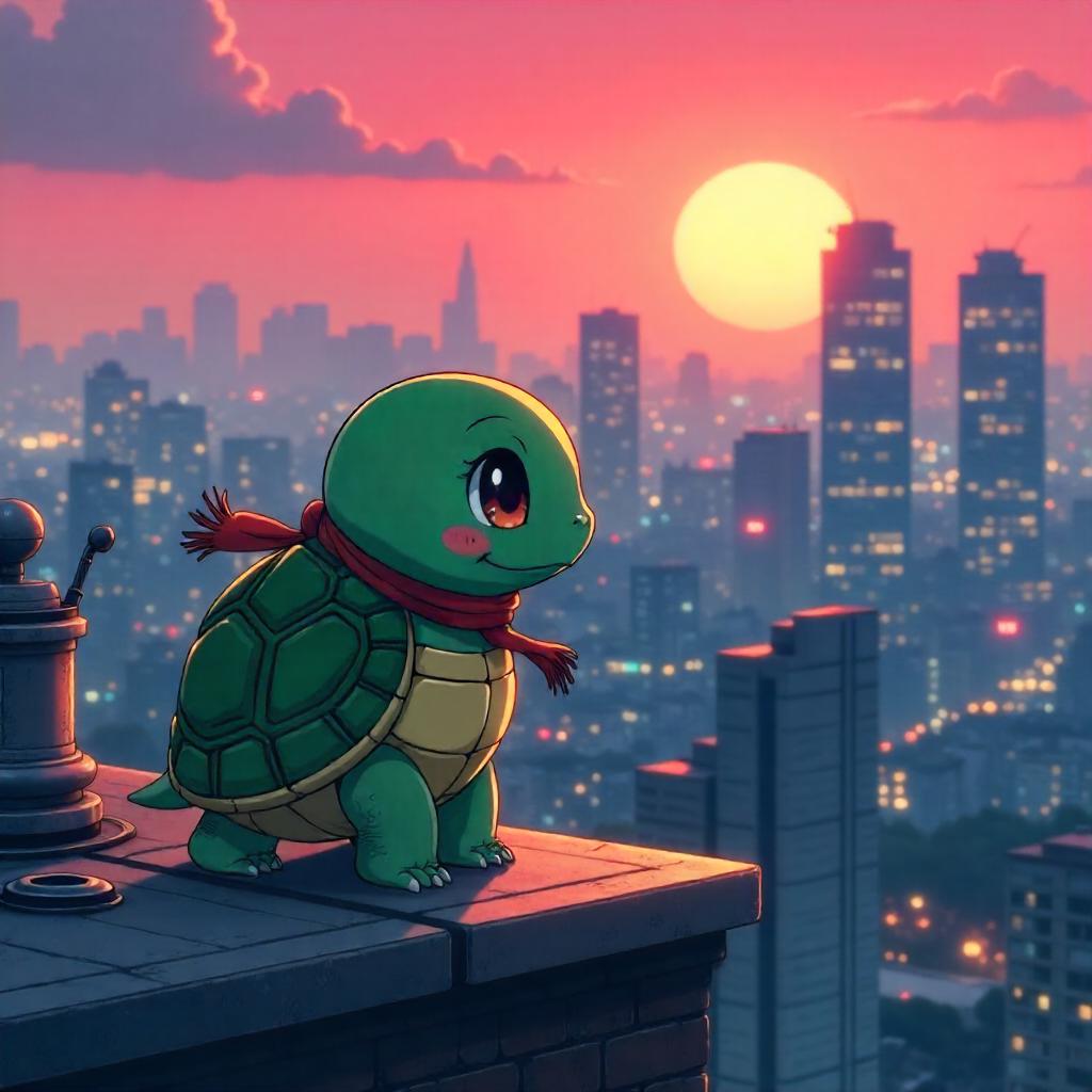 Anime Rooftop Turtle Under Neon Sunset