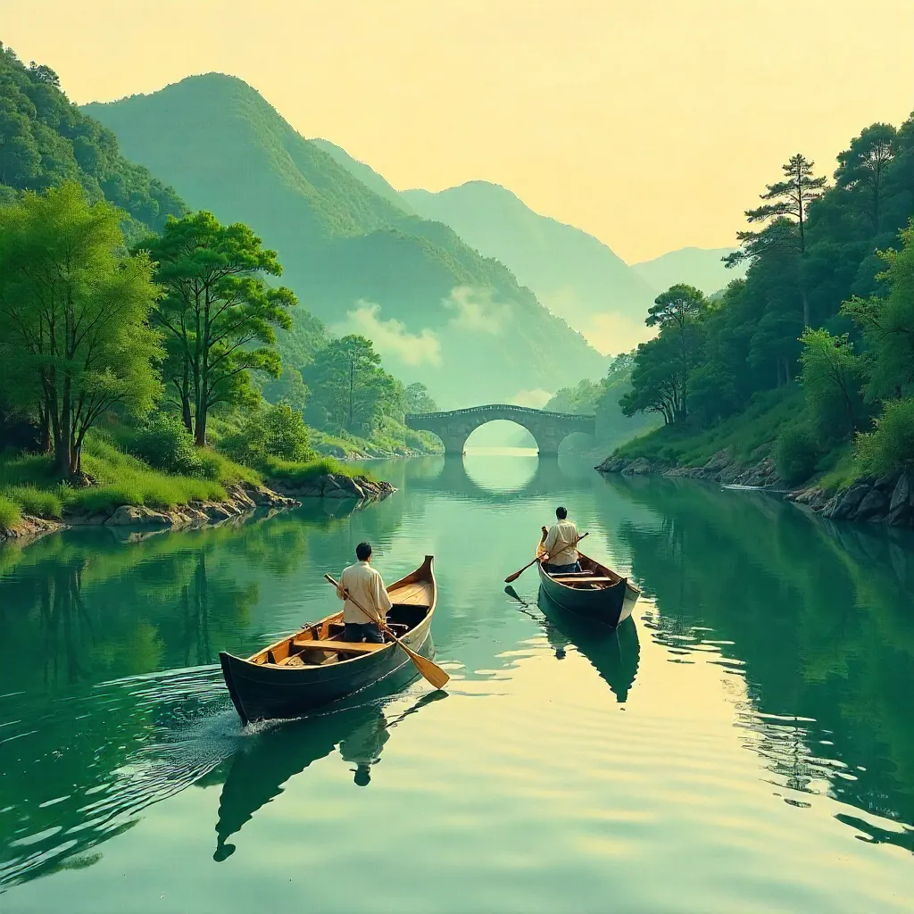 Elegant Wooden Boats on a Tranquil Japanese River