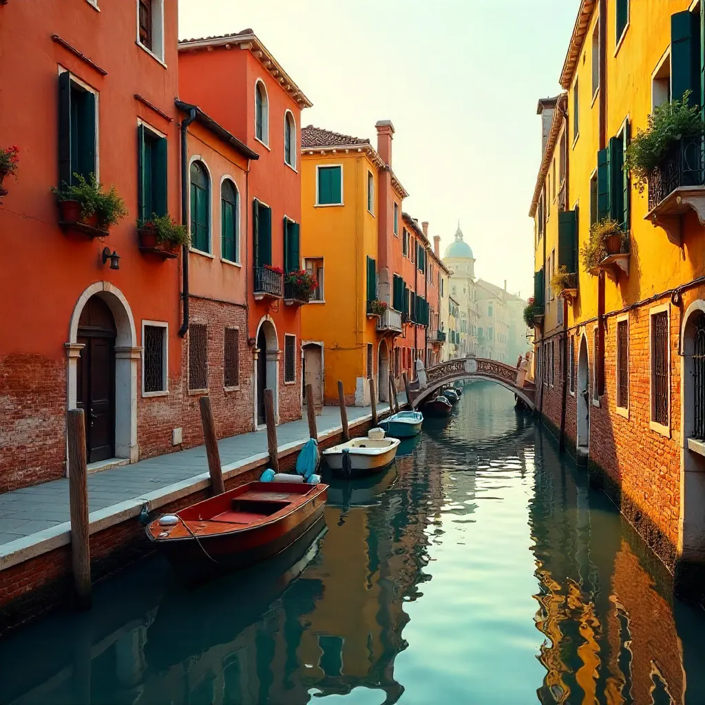 Vibrant Venetian Canal with Orange and Yellow Facades