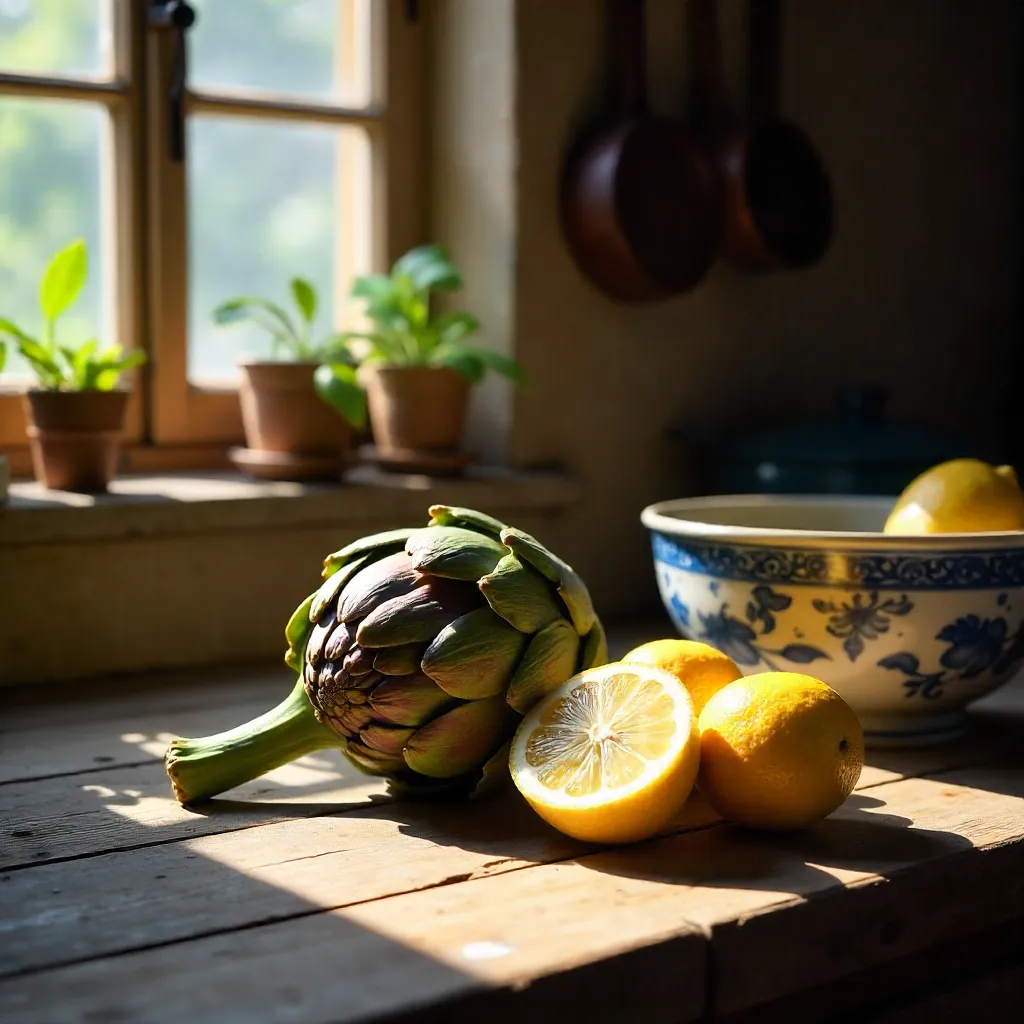 Sunlit Rustic Kitchen Still Life: Artichokes, Lemons, and Bowl