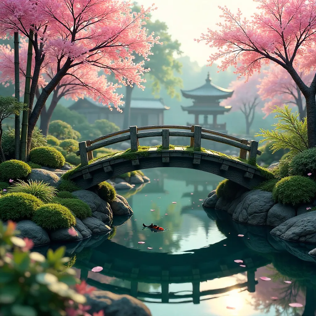 Tranquil Wooden Arched Bridge in a Japanese Garden