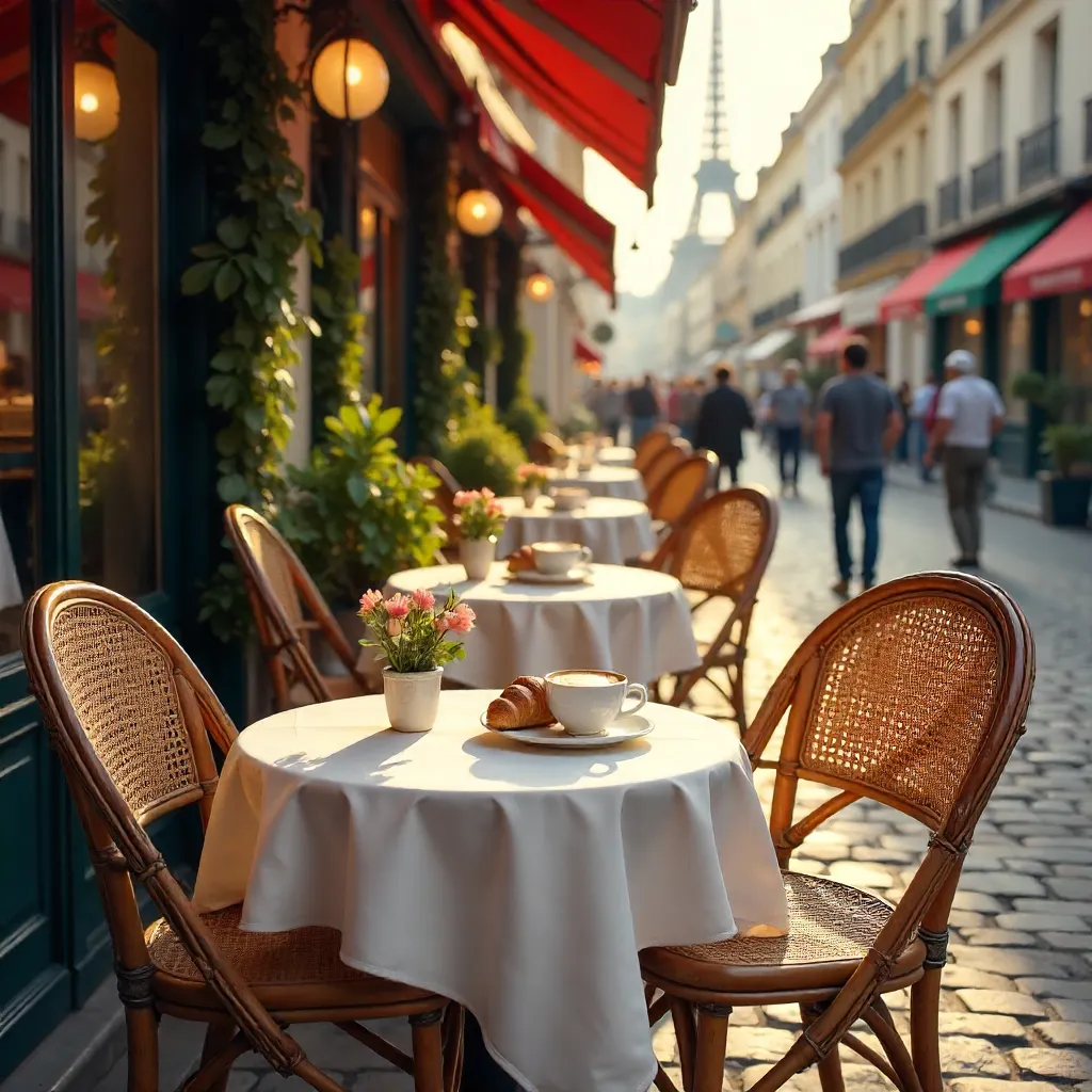 Cozy Paris Café Outdoor Seating with Rattan Chairs