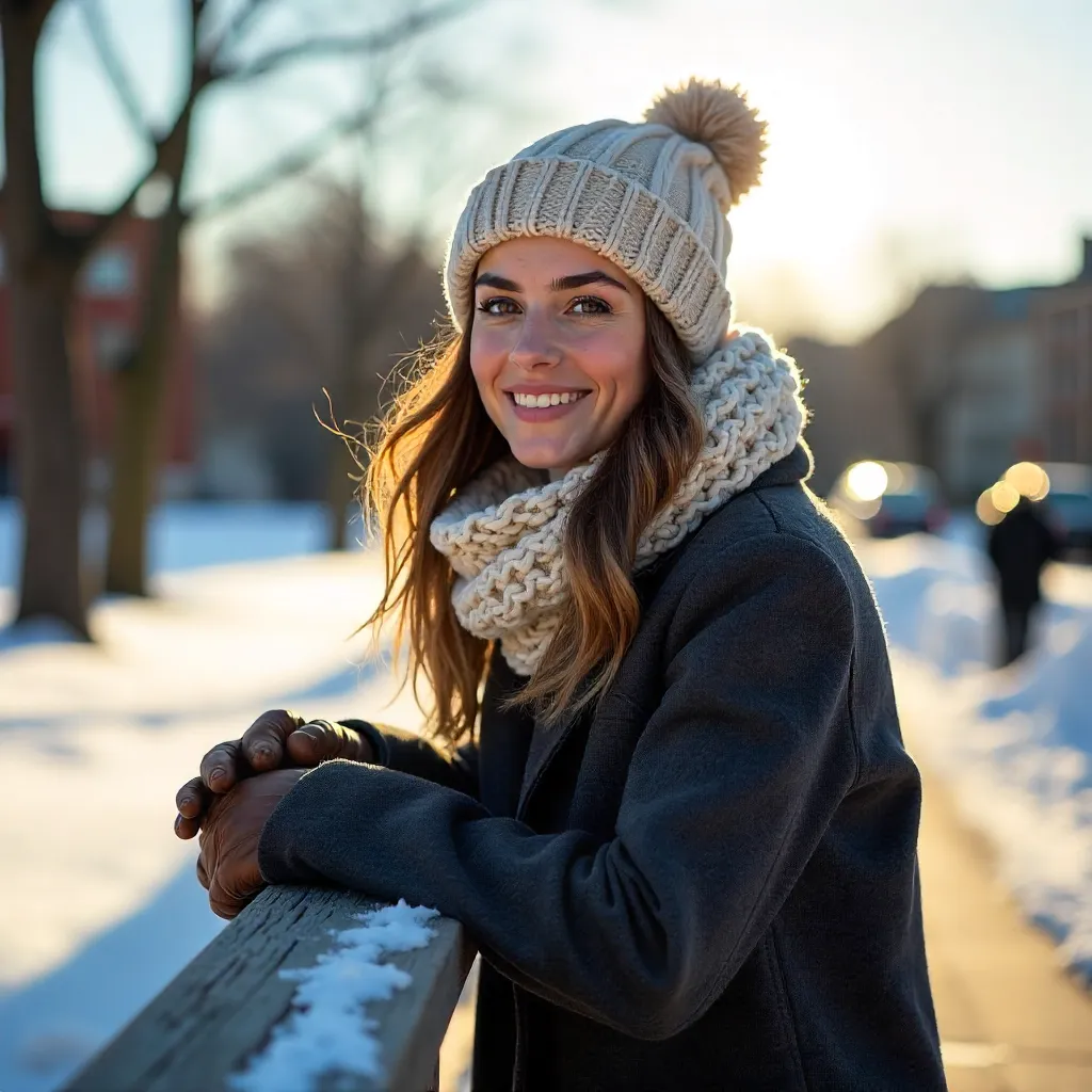 Sunny Winter Day: Woman Leaning on a Wooden Railing